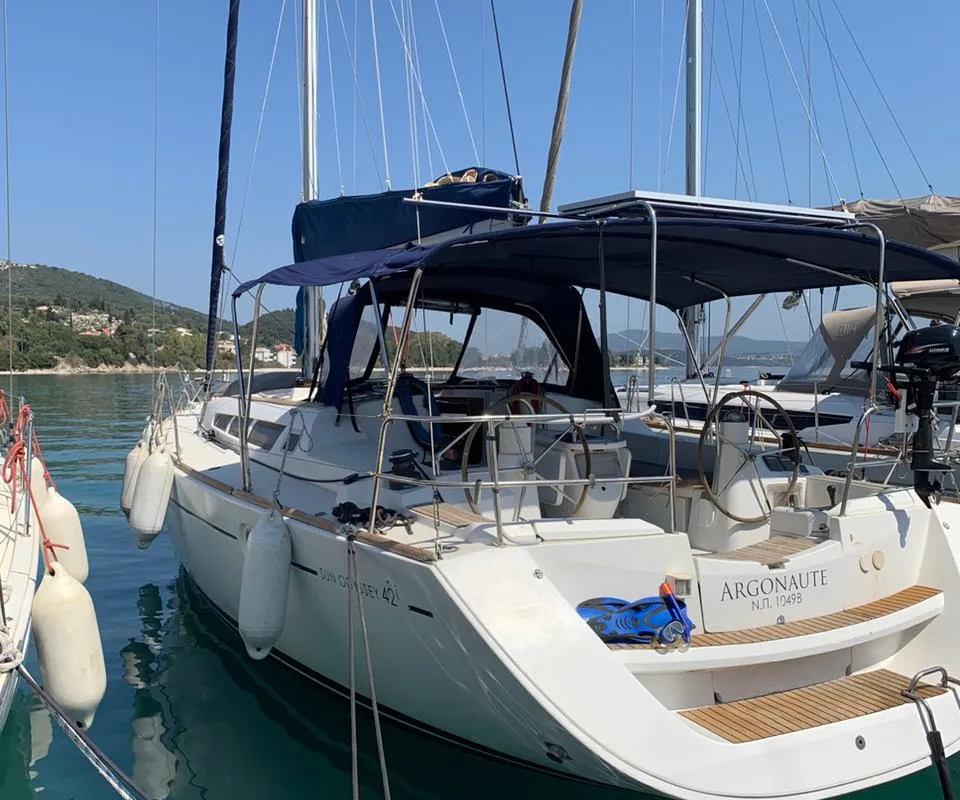Cockpit of Argonaute, a Jeanneau Sun Odyssey 42 i sailboat at Municipal Unit of Lefkada, Greece