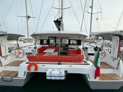 Deck of Enjoy, a Excess 14 catamaran at Nettuno, Italy