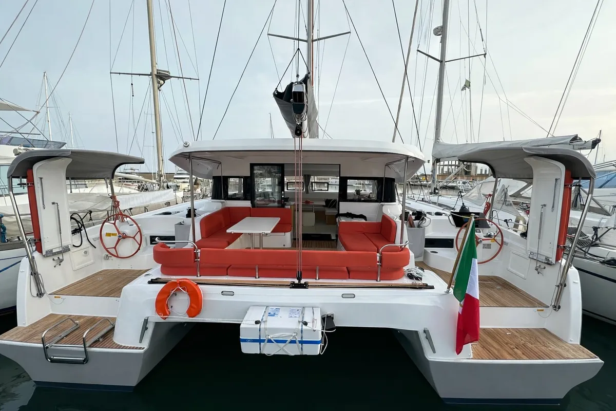 Deck of Enjoy, a Excess 14 catamaran at Nettuno, Italy