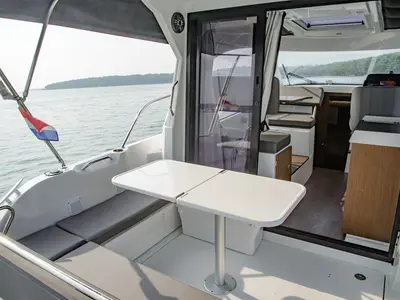 Deck of Beneteau Antares 9 OB, a motorboat at Pula, Croatia
