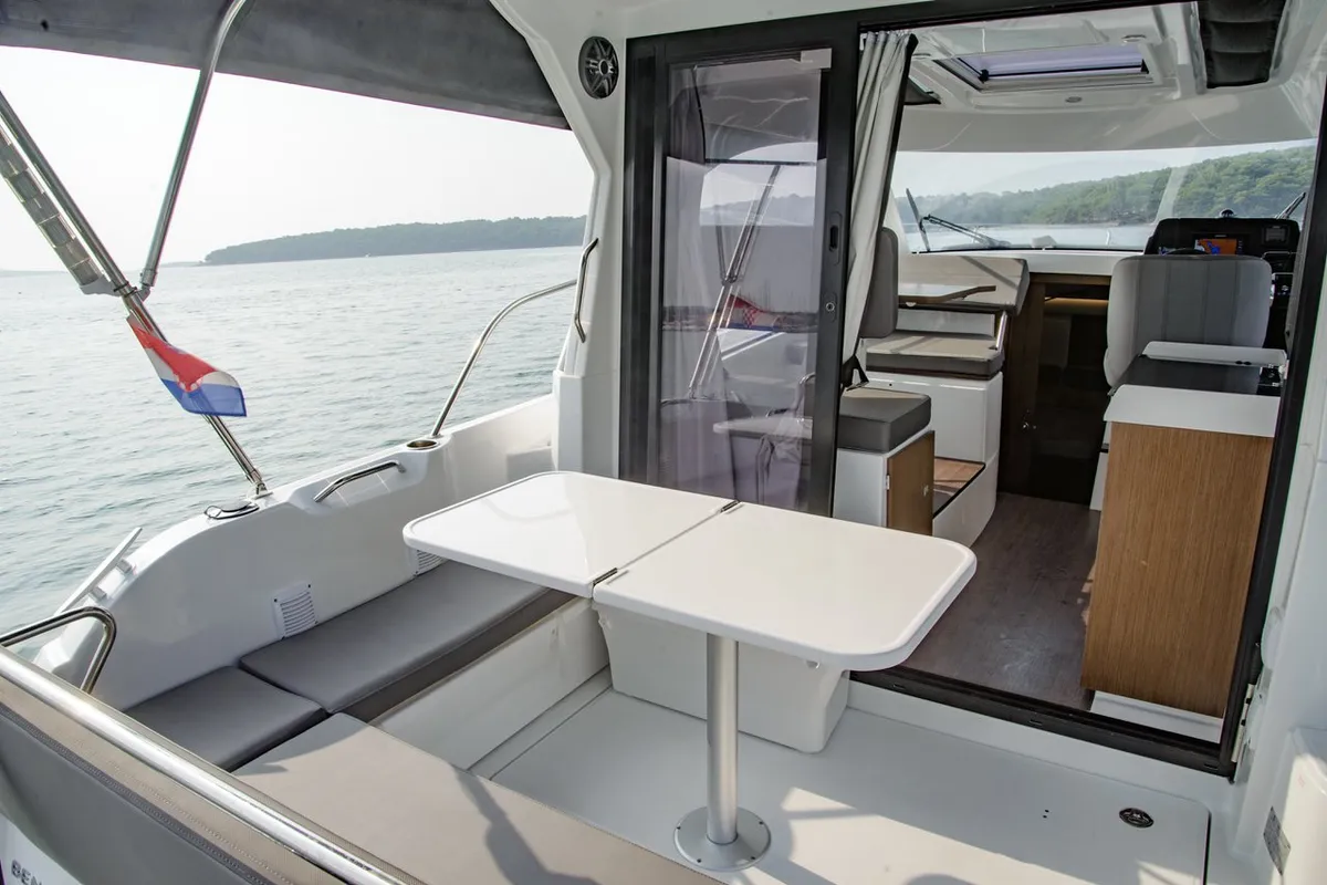 Deck of Beneteau Antares 9 OB, a motorboat at Pula, Croatia