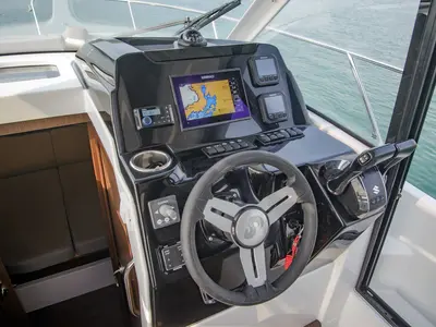 Cockpit of Beneteau Antares 9 OB, a motorboat at Pula, Croatia
