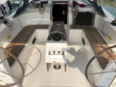 Cockpit of Thalassa, a Bavaria Cruiser 51 sailboat at Athens, Greece
