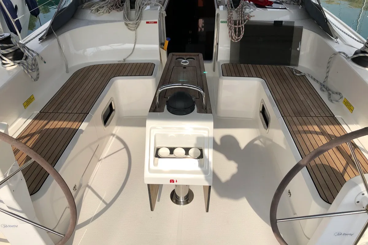 Cockpit of Thalassa, a Bavaria Cruiser 51 sailboat at Athens, Greece