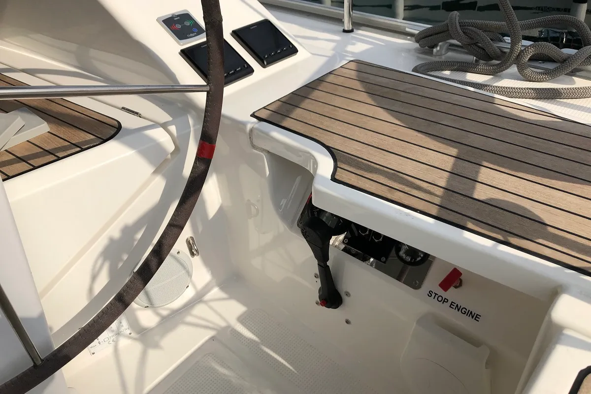 Cockpit of Thalassa, a Bavaria Cruiser 51 sailboat at Athens, Greece