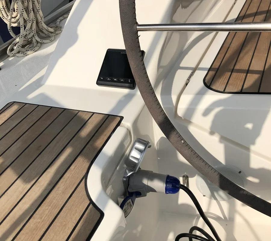 Cockpit of Thalassa, a Bavaria Cruiser 51 sailboat at Athens, Greece
