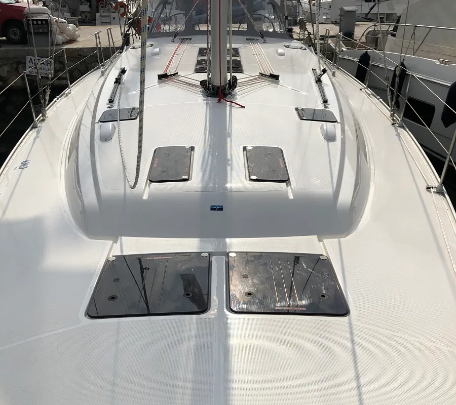 Deck of Thalassa, a Bavaria Cruiser 51 sailboat at Athens, Greece
