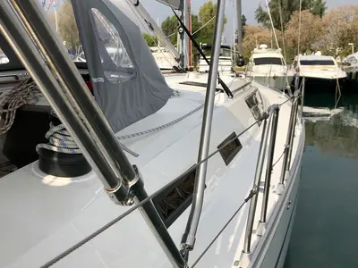 Deck of Thalassa, a Bavaria Cruiser 51 sailboat at Athens, Greece
