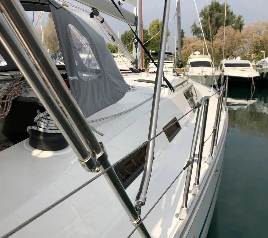Deck of Thalassa, a Bavaria Cruiser 51 sailboat at Athens, Greece