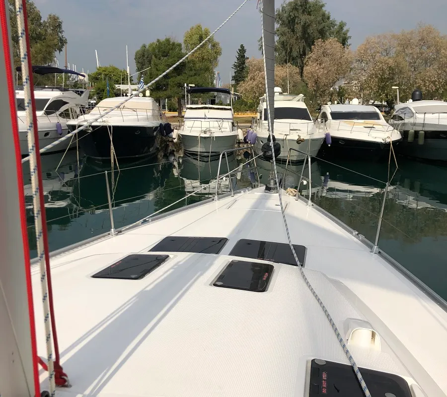 Deck of Thalassa, a Bavaria Cruiser 51 sailboat at Athens, Greece