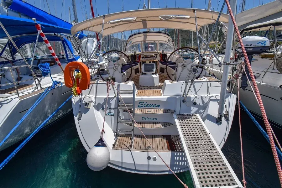 Exterior view of Eleven, a Jeanneau Sun Odyssey 50DS sailboat at Marmaris, Turkey