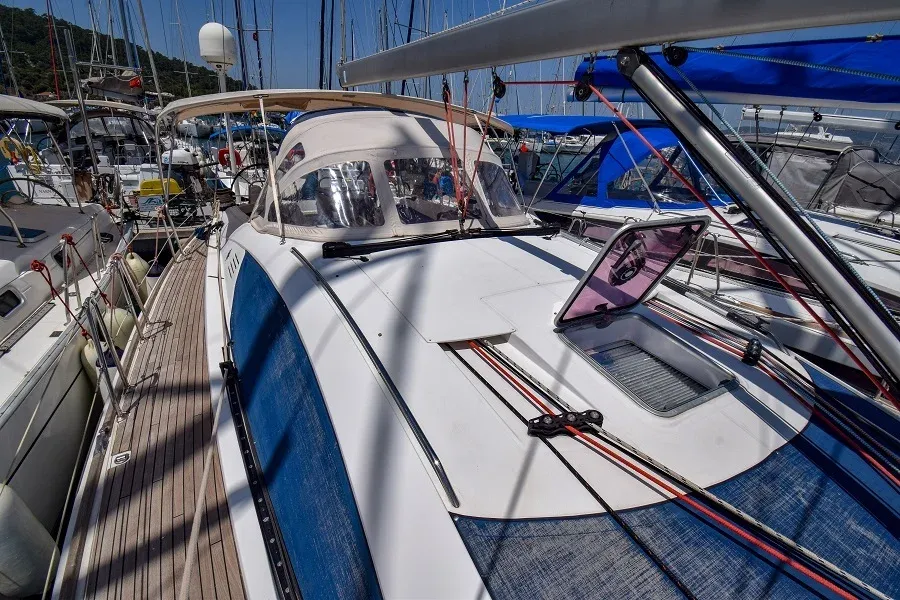 Deck of Eleven, a Jeanneau Sun Odyssey 50DS sailboat at Marmaris, Turkey