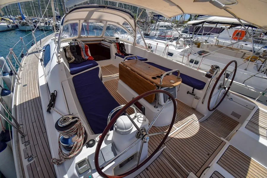 Cockpit of Eleven, a Jeanneau Sun Odyssey 50DS sailboat at Marmaris, Turkey
