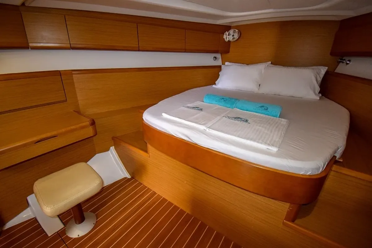Cabin on Eleven, a Jeanneau Sun Odyssey 50DS sailboat at Marmaris, Turkey