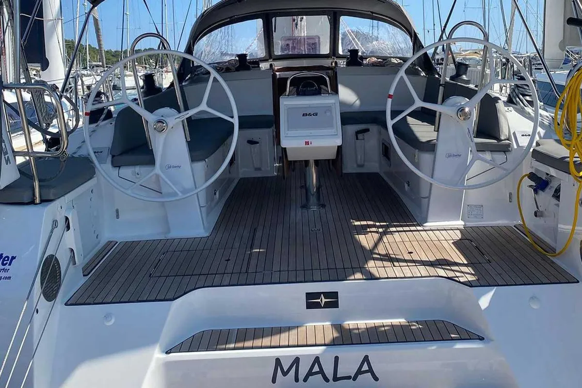 Cockpit of Mala, a Bavaria Cruiser 46 sailboat at Fethiye, Turkey