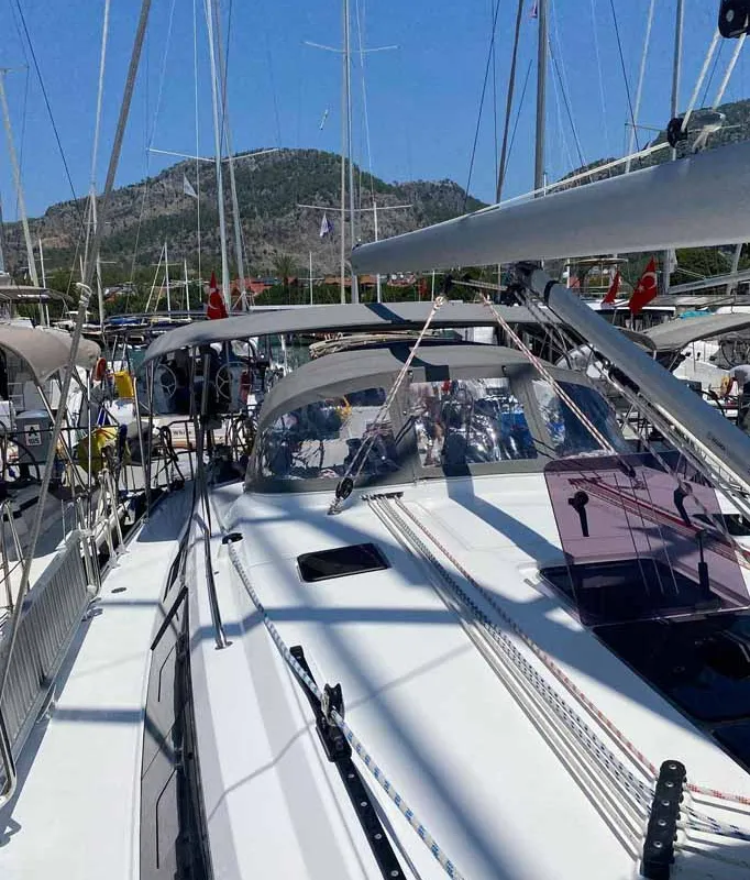 Deck of Mala, a Bavaria Cruiser 46 sailboat at Fethiye, Turkey