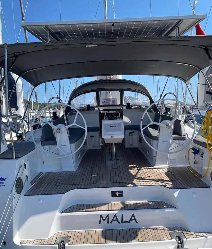 Cockpit of Mala, a Bavaria Cruiser 46 sailboat at Fethiye, Turkey
