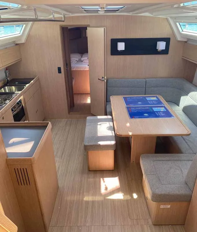 Salon of Mala, a Bavaria Cruiser 46 sailboat at Fethiye, Turkey
