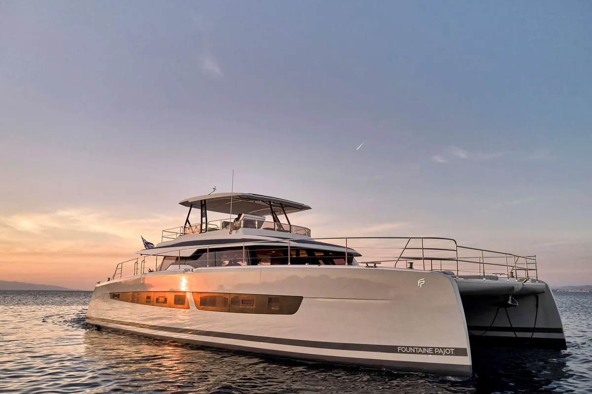 Alena, a Fountaine Pajot Power 67 catamaran at Athens, Greece