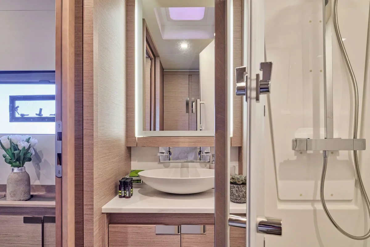 Alena, a Fountaine Pajot Power 67 catamaran at Athens, Greece