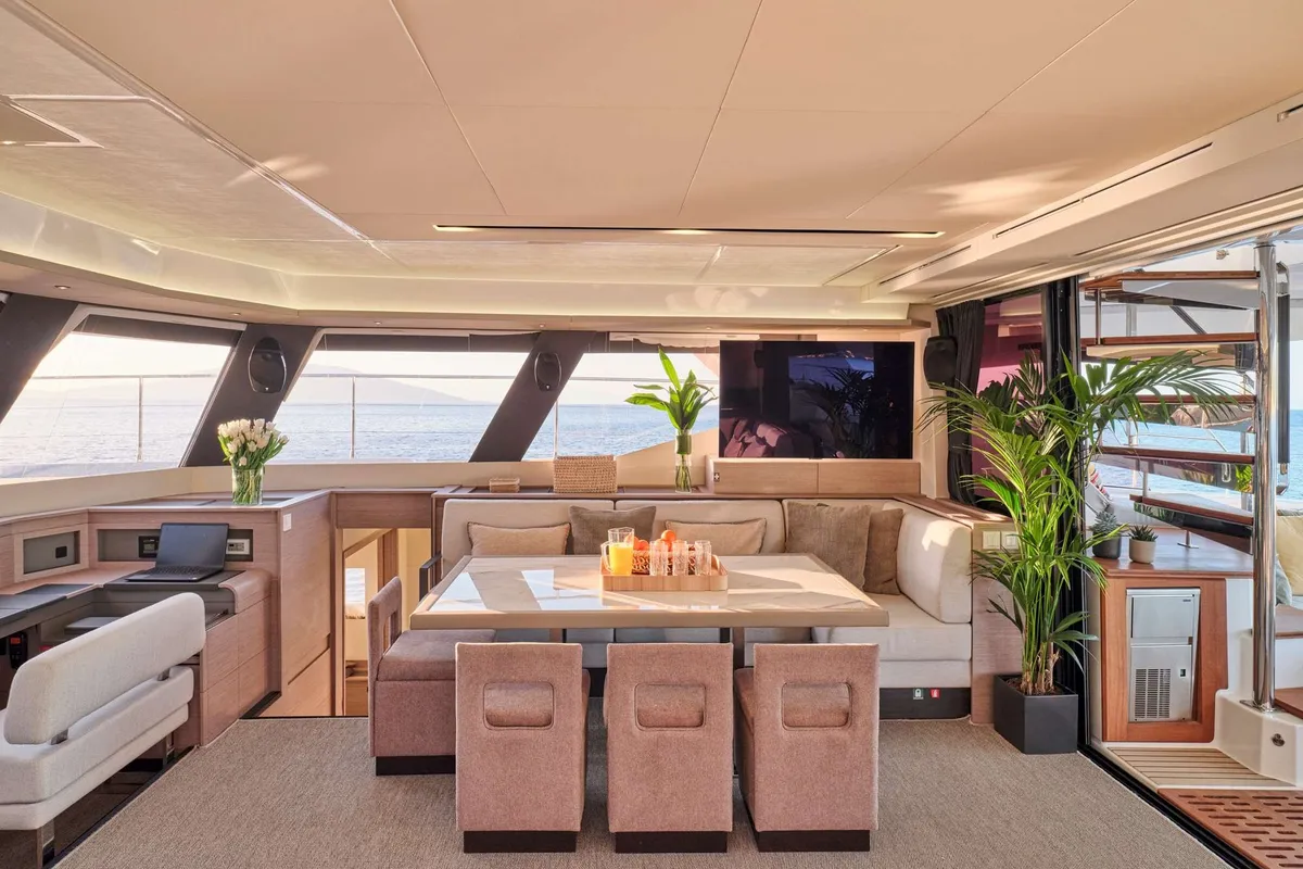 Alena, a Fountaine Pajot Power 67 catamaran at Athens, Greece