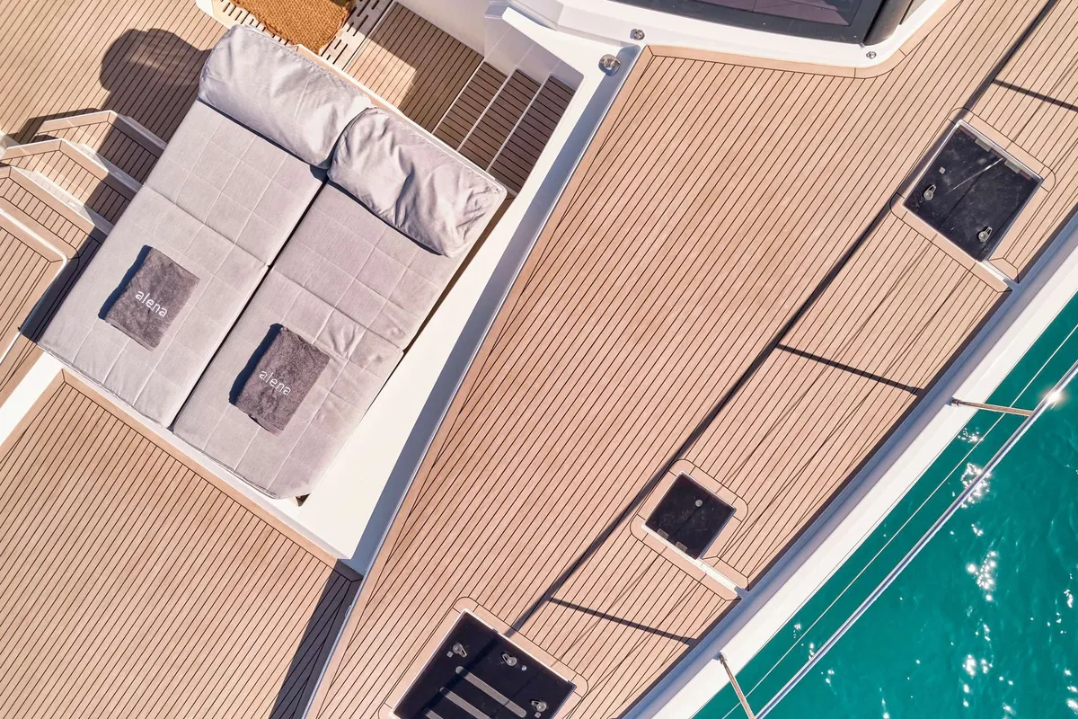 Alena, a Fountaine Pajot Power 67 catamaran at Athens, Greece