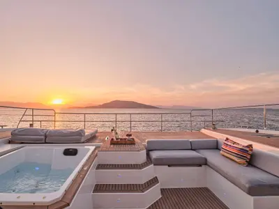 Alena, a Fountaine Pajot Power 67 catamaran at Athens, Greece