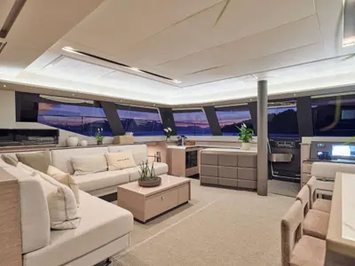 Alena, a Fountaine Pajot Power 67 catamaran at Athens, Greece