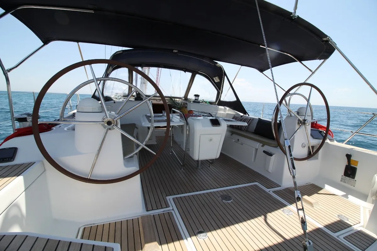 Cockpit of King of hearts - (A/C - Generator - Refit 2022), a Jeanneau Sun Odyssey 509 sailboat at Athens, Greece