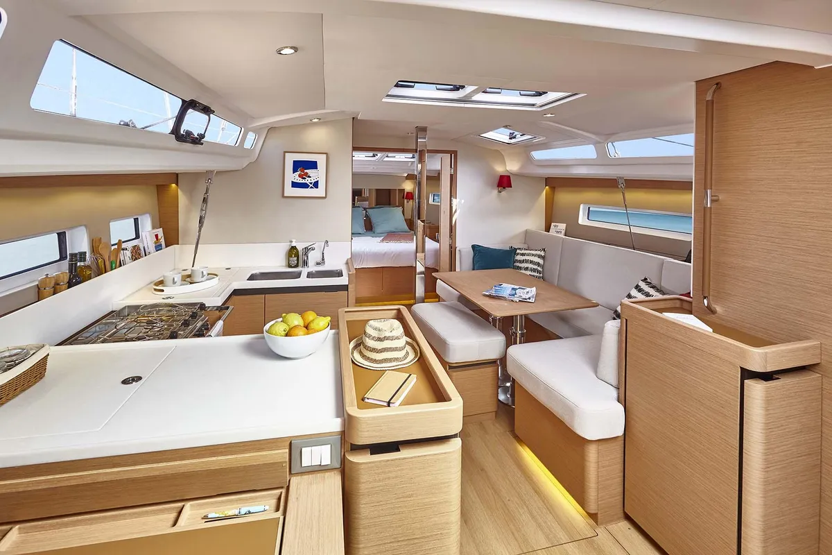 Galley of Gojiberry, a Jeanneau Sun Odyssey 440 sailboat at Parikia, Greece
