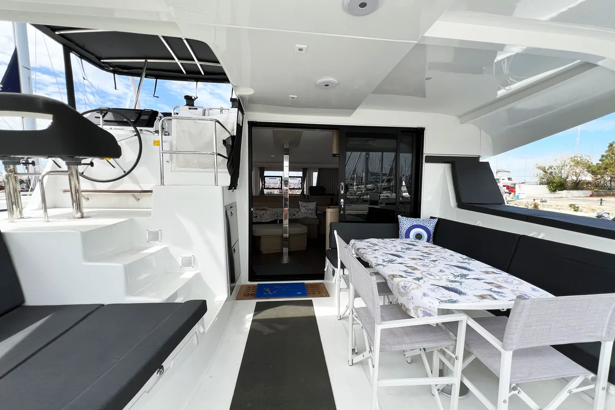 Deck of Amaryllis, a Lagoon 42 catamaran at Athens, Greece