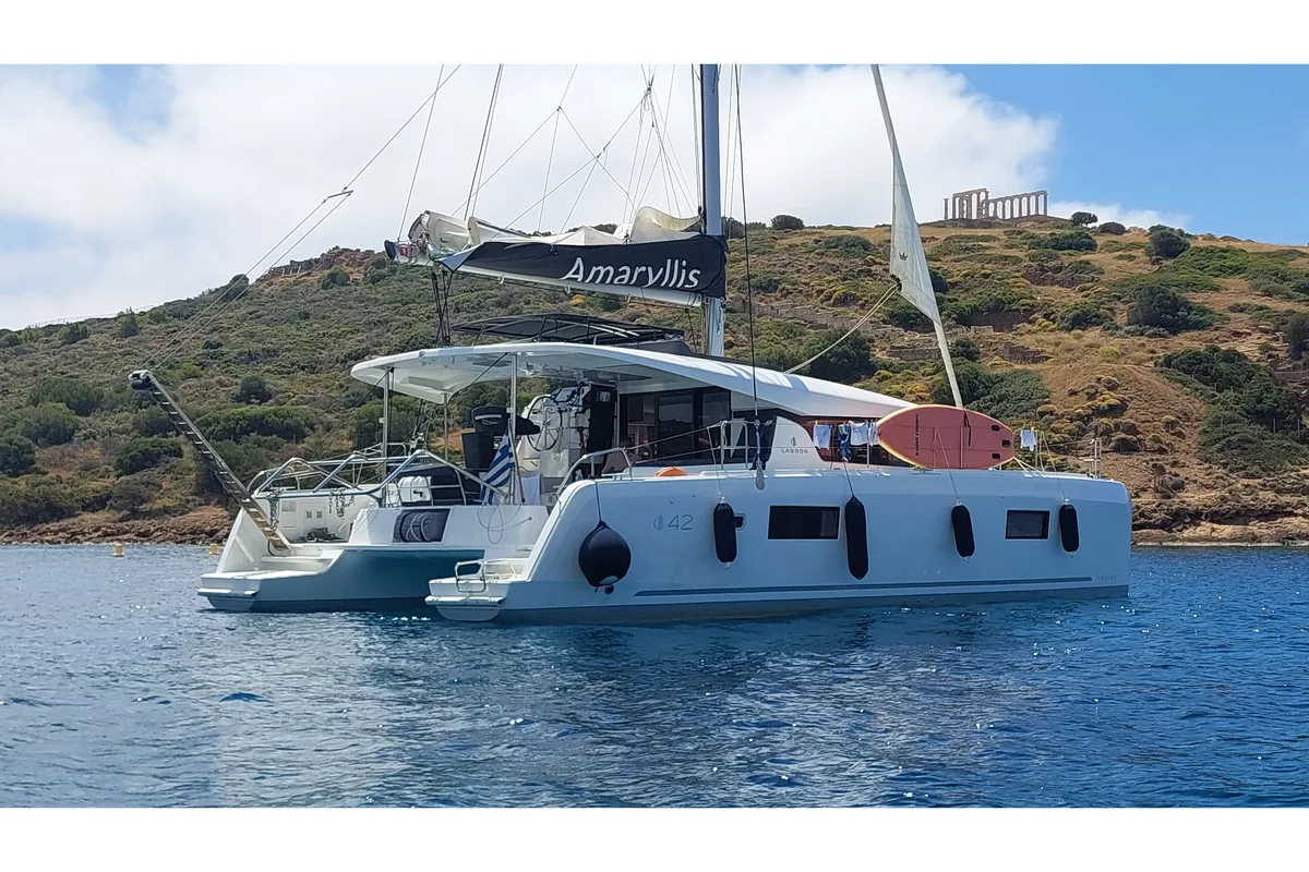 Exterior view of Amaryllis, a Lagoon 42 catamaran at Athens, Greece