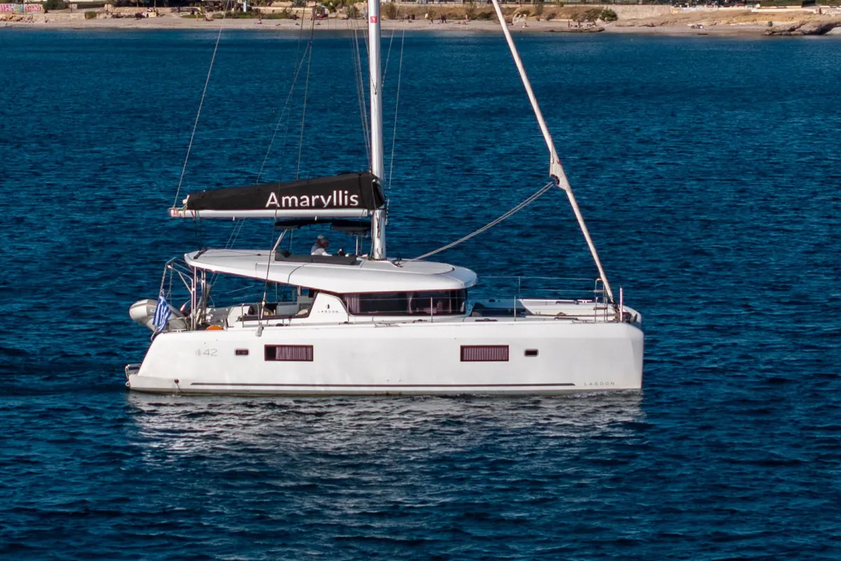 Exterior view of Amaryllis, a Lagoon 42 catamaran at Athens, Greece