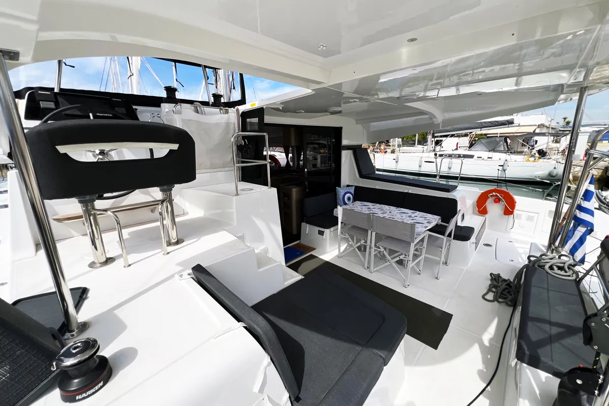 Deck of Amaryllis, a Lagoon 42 catamaran at Athens, Greece