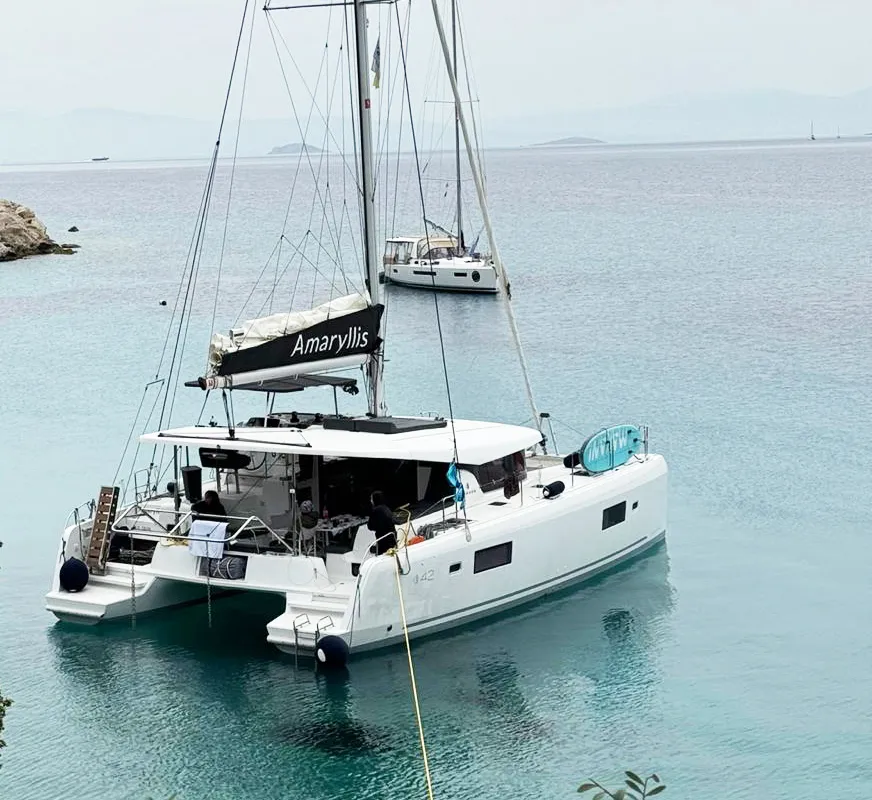 Exterior view of Amaryllis, a Lagoon 42 catamaran at Athens, Greece