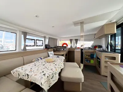 Salon of Amaryllis, a Lagoon 42 catamaran at Athens, Greece