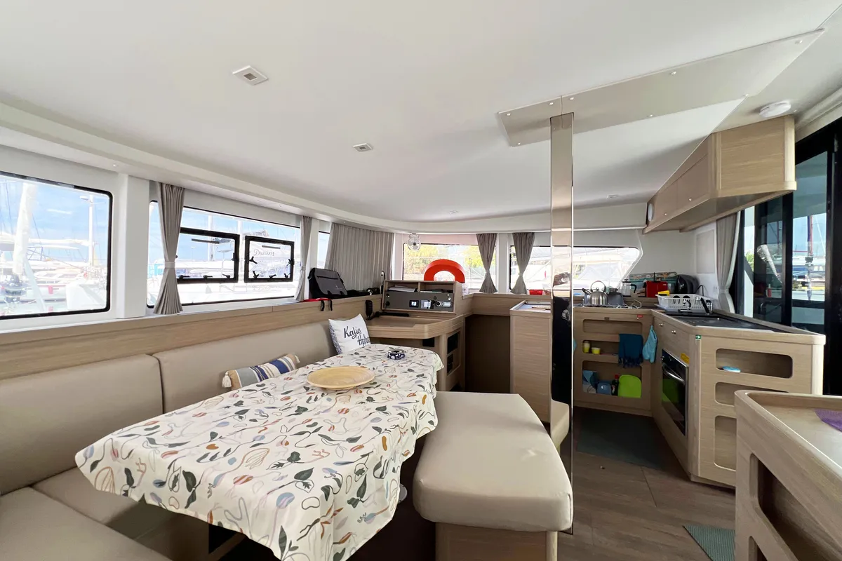 Salon of Amaryllis, a Lagoon 42 catamaran at Athens, Greece