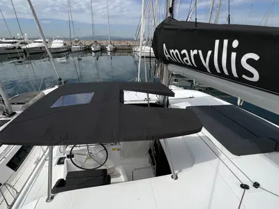 Cockpit of Amaryllis, a Lagoon 42 catamaran at Athens, Greece