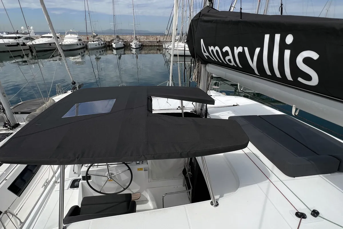Cockpit of Amaryllis, a Lagoon 42 catamaran at Athens, Greece