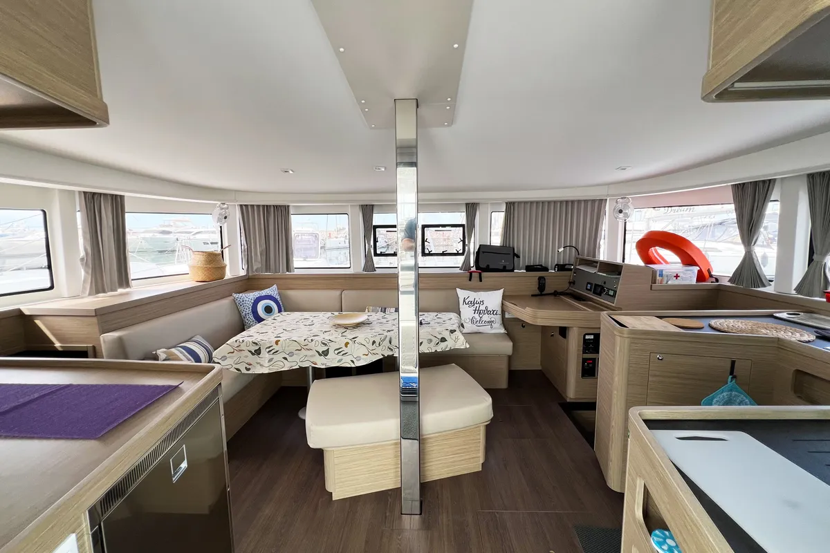 Salon of Amaryllis, a Lagoon 42 catamaran at Athens, Greece