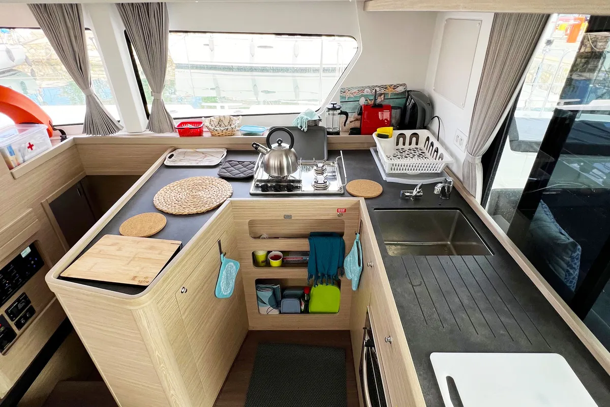 Galley of Amaryllis, a Lagoon 42 catamaran at Athens, Greece