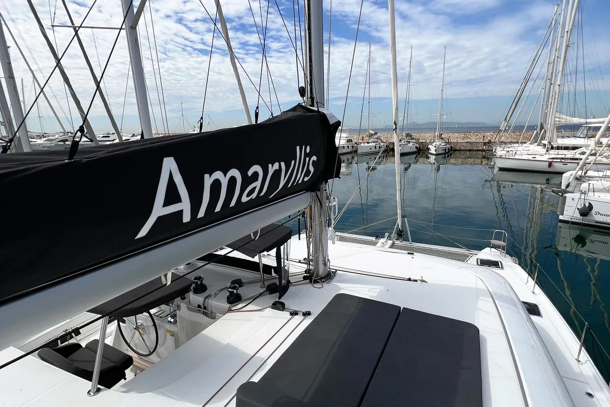 Cockpit of Amaryllis, a Lagoon 42 catamaran at Athens, Greece