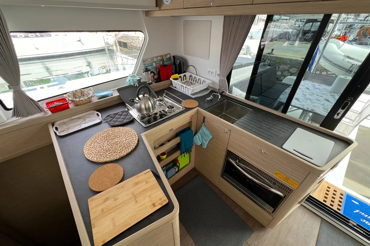 Galley of Amaryllis, a Lagoon 42 catamaran at Athens, Greece