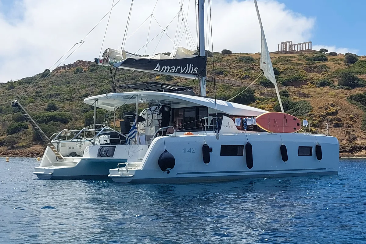 Exterior view of Amaryllis, a Lagoon 42 catamaran at Athens, Greece