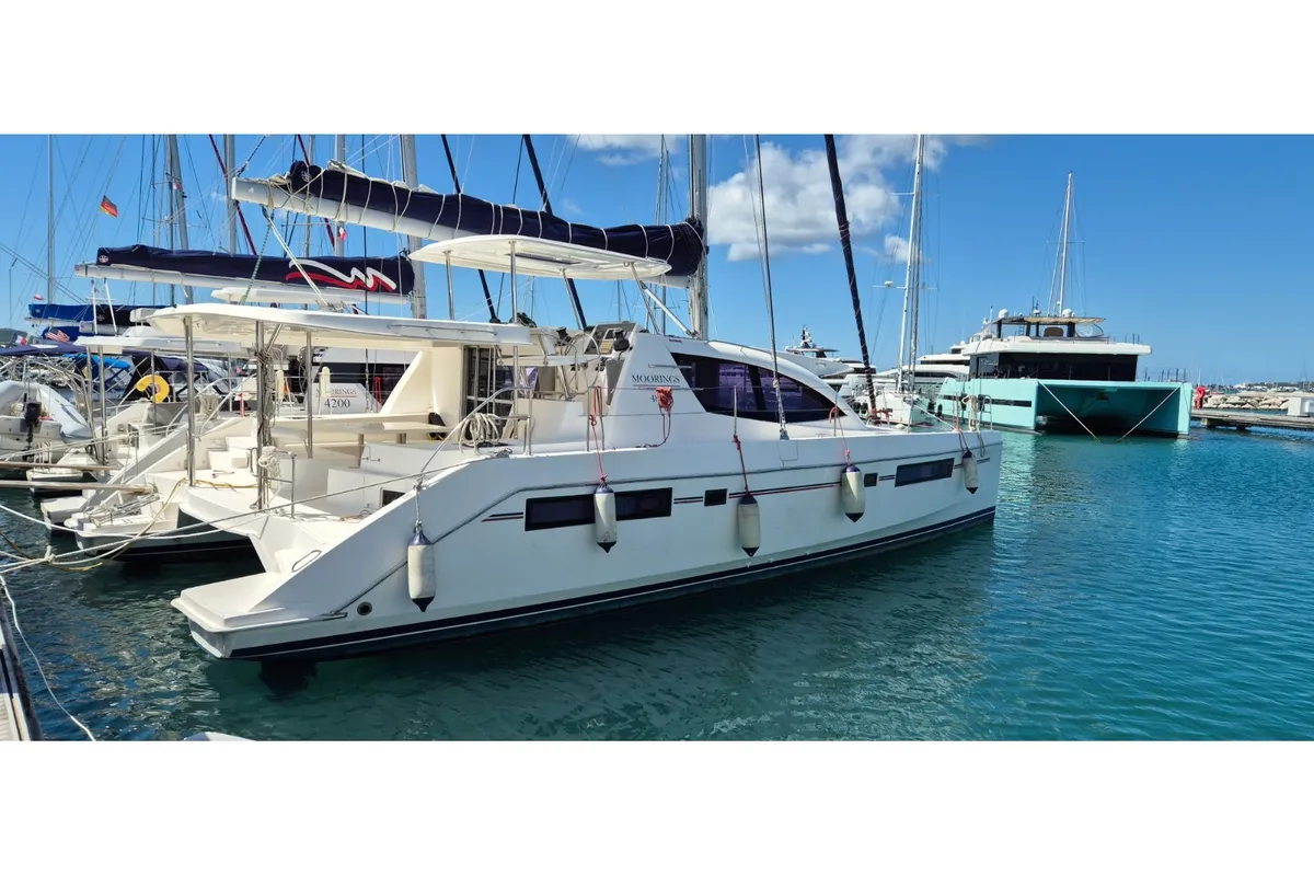 Exterior view of Seas The Day, a Leopard 48 catamaran at Murdeira, Cape Verde