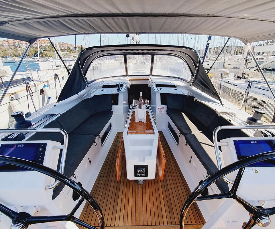 Cockpit of Skyline, a Hanse 505 sailboat at Punat, Croatia