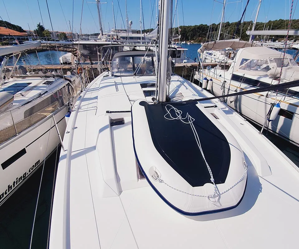 Deck of Skyline, a Hanse 505 sailboat at Punat, Croatia