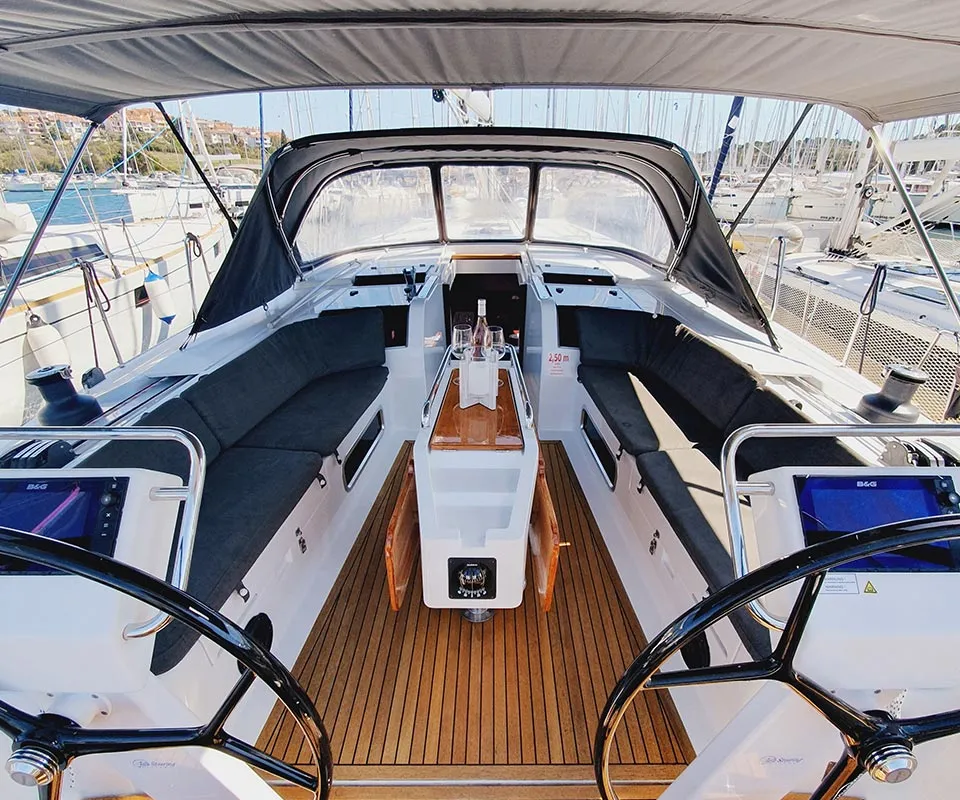 Cockpit of Skyline, a Hanse 505 sailboat at Punat, Croatia