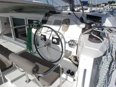 Cockpit of Estrella, a Lagoon 421 catamaran at Cienfuegos, Cuba