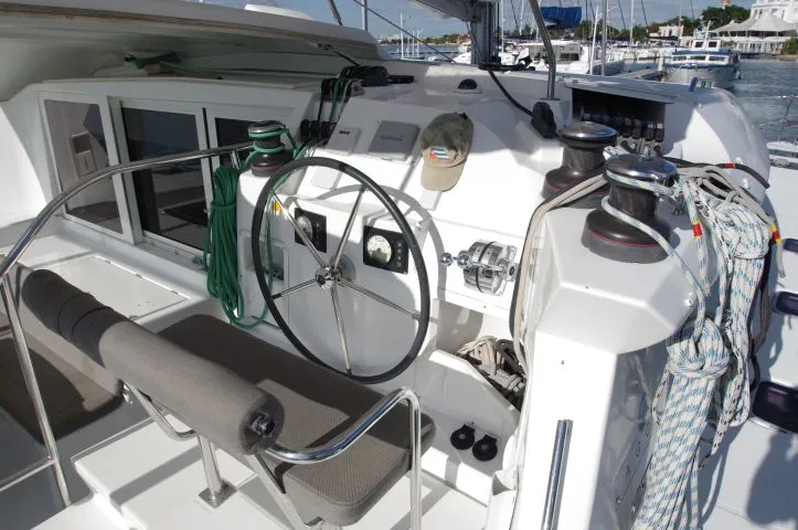 Cockpit of Estrella, a Lagoon 421 catamaran at Cienfuegos, Cuba